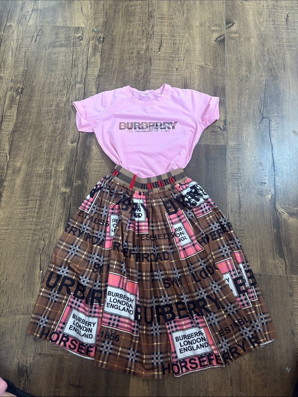 Burberry Pink Logo Tee with Brown & Pink Plaid Skirt Set